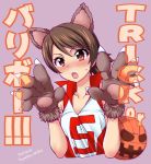  1girl animal_ears bangs blush brown_eyes brown_hair claw_pose cropped_torso dated eyebrows_visible_through_hair fang frown fujimaru_arikui girls_und_panzer gloves jack-o&#039;-lantern_print kawanishi_shinobu looking_at_viewer open_mouth paw_gloves paws red_shirt shirt short_hair short_ponytail simple_background sleeveless sleeveless_shirt solo sportswear swept_bangs translated trick_or_treat twitter_username volleyball volleyball_uniform wolf_ears 