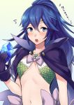  1girl ameno_(a_meno0) blue_eyes blue_hair blush bow cape circlet cosplay fire_emblem fire_emblem_awakening gloves holding long_hair lucina lucina_(fire_emblem) nowi_(fire_emblem) nowi_(fire_emblem)_(cosplay) nowi_(fire_emblem) nowi_(fire_emblem)_(cosplay) open_mouth ponytail simple_background solo upper_body white_background 
