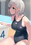  1girl aqua_eyes bob_cut breasts competition_swimsuit jonsun large_breasts looking_up one-piece_swimsuit original short_hair sitting solo swimsuit twitter_username white_hair 