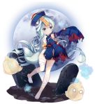  1girl animal_ears aqua_hair azur_lane bandages bare_shoulders barefoot bell blue_dress blue_eyes blue_headwear closed_mouth copyright_name detached_sleeves dress full_body full_moon ghost grave halloween hat jiangshi jingle_bell long_hair long_sleeves looking_at_viewer manjuu_(azur_lane) mikazuki_(azur_lane) mikazuki_(sweet_zombie)_(azur_lane) moon obi official_art ofuda outstretched_arms qing_guanmao sash sleeves_past_fingers sleeves_past_wrists solo standing standing_on_one_leg tail torn_clothes torn_dress torn_sleeves transparent_background tsukimi_(xiaohuasan) very_long_hair zombie_pose 