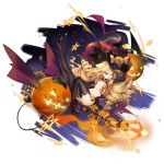  arm_up armpits artist_request ass azur_lane black_footwear black_gloves black_headwear black_legwear blonde_hair blue_eyes bow candy demon_tail drill_hair elbow_gloves flat_chest food gloves halloween hat high_heels highres jack-o&#039;-lantern knee_up leg_up lollipop long_hair looking_at_viewer mouth_hold navel official_art quad_drills revealing_clothes smalley_(azur_lane) smalley_(candy_courier)_(azur_lane) staff star stomach swirl_lollipop tail thigh-highs transparent_background witch_hat yellow_bow 
