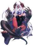  1girl an&#039;ninsou armor blue_cape breasts cape claws covered_navel fangs headwear heterochromia highres horns long_hair open_mouth original pointy_ears red_eyes red_legwear sol tail tongue tongue_out violet_eyes white_hair yumitoriaoi 