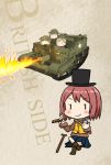  4girls armored_personnel_carrier armored_vehicle bangs blonde_hair blue_skirt blunt_bangs bob_cut brown_hair brown_jacket cane cigar commentary_request fairy_(kantai_collection) fire flamethrower ground_vehicle hat helmet holding holding_cigar holding_lighter jacket kantai_collection life_vest lighter long_sleeves military military_vehicle multiple_girls pleated_skirt redhead short_hair skirt solid_oval_eyes top_hat tsukemon weapon 