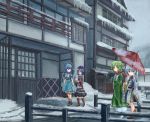  4girls absurdres blue_hair bridge chain dress green_dress green_hair grey_hair highres huge_filesize icicle jiangshi kaku_seiga miyako_yoshika mononobe_no_futo multiple_girls scarf sensi_tobikage snow snowman soga_no_tojiko touhou 