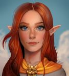  1girl blue_eyes blue_sky brown_hair clouds day freckles highres jenny_stout light_smile long_hair looking_at_viewer malon outdoors pointy_ears portrait sky smile solo the_legend_of_zelda the_legend_of_zelda:_ocarina_of_time upper_body 