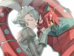  1boy 1girl animal_ears armor character_request closed_eyes gloves grey_gloves grey_hair headgear honey_dogs hug original parted_lips personification pokemon puffy_sleeves rabbit_ears redhead short_hair simple_background turtleneck white_background white_gloves 