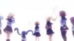  6+girls ahoge arms_behind_back black_legwear black_sailor_collar black_skirt blonde_hair brown_hair brown_sweater character_request commentary_request facing_away from_behind hair_ornament hair_scrunchie hands_together inose_mai kneehighs koisuru_asteroid konohata_mira long_hair manaka_ao morino_mari multiple_girls own_hands_together pleated_skirt ponytail prehensile_hair purple_hair revision sailor_collar sakurai_mikage school_uniform scrunchie serafuku shirosato shirt simple_background skirt sweater thigh-highs translation_request twintails very_long_hair white_background white_shirt yellow_scrunchie 