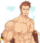  1boy abs bara beard blue_eyes brown_hair chest clouds cloudy_sky epaulettes facial_hair fate/grand_order fate_(series) highres looking_at_viewer male_focus muscle napoleon_bonaparte_(fate/grand_order) nipples open_clothes partially_undressed pectorals scar sky smile solo souyata0502 tongue tongue_out uniform upper_body veins 