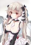  1girl absurdres azur_lane bangs bare_shoulders blush breasts choker dress earrings eyebrows_visible_through_hair flight_deck formidable_(azur_lane) grey_hair hair_between_eyes hair_ribbon highres jewelry large_breasts long_skirt looking_at_viewer red_eyes ribbon rigging simple_background skirt solo twintails two-tone_dress two-tone_ribbon yukine 