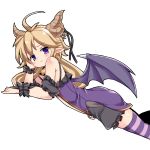  1girl ahoge bell belphe_(sennen_sensou_aigis) black_ribbon black_scrunchie blonde_hair dragon_horns dragon_wings horns long_hair looking_at_viewer low_twintails lying nemui_(nemui) on_stomach pointy_ears purple_legwear ribbon scrunchie sennen_sensou_aigis simple_background solo striped striped_legwear thigh-highs twintails violet_eyes wings wrist_scrunchie 