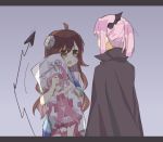  2girls ahoge amamiso_(mszm3828) blush brown_eyes brown_hair chiyoda_momo dakimakura dakimakura_(object) demon_girl demon_horns demon_tail eyebrows_visible_through_hair hair_ornament hairclip highres horns long_hair machikado_mazoku magical_girl multiple_girls open_mouth pillow pink_hair shiny shiny_hair short_hair skirt tail yoshida_yuuko_(machikado_mazoku) yuri 