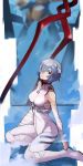  1girl 55level ayanami_rei bandaged_arm bandages bare_shoulders blue_hair bodysuit breasts commentary hair_over_one_eye highres kneeling large_breasts looking_at_viewer neon_genesis_evangelion plugsuit red_eyes short_hair solo white_bodysuit 