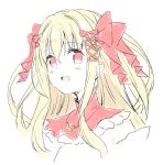  1girl :d bangs blonde_hair blush_stickers bow copyright_request cropped_torso eyebrows_visible_through_hair hair_between_eyes hair_bow hair_ribbon long_hair meito_(maze) open_mouth red_bow red_eyes red_ribbon ribbon sidelocks simple_background smile solo two_side_up upper_body white_background 