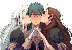  3girls :&lt; blush braid brown_hair byleth_(fire_emblem) byleth_eisner_(female) cheek_kiss closed_eyes commentary dorothea_arnault edelgard_von_hresvelg english_commentary fire_emblem fire_emblem:_three_houses garreg_mach_monastery_uniform glasses gloves green_hair hair_ribbon heart interlocked_fingers kathryn_layno kiss multiple_girls ribbon silver_hair simple_background upper_body wavy_hair white_gloves 