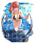  1girl :d ahoge alternative_costume asymmetrical_hair azur_lane bare_shoulders bikini bird black_bikini black_swimsuit blurry blurry_background breasts brown_eyes cannon chick clavicle cleavage climbing eyebrows_visible_through_hair female glint goggles goggles_on_head large_breasts lifebuoy looking_at_viewer manjuu_(azur_lane) medal mouth_hold mr_cloud navel official_art palm_tree ponytail pool pool_ladder poolside redhead ripples side_ponytail skindentation smile solo sunlight swimsuit tachi-e thigh_gap thighs tied_hair tile_floor tiles transparent_background tree turret water wet whistle whistle_around_neck zara_(azur_lane) zara_(poolside_coincidence)_(azur_lane) 