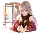  1girl anastasia_(fate/grand_order) backlighting bangs bare_shoulders black_sweater blue_eyes blush breasts fate/grand_order fate_(series) hair_ornament hair_over_one_eye highres jacket jewelry large_breasts long_hair long_sleeves looking_at_viewer off_shoulder open_clothes open_jacket pendant red_jacket silver_hair sleeveless sleeveless_turtleneck smile solo sweater turtleneck x_hair_ornament yatsuka_(846) 
