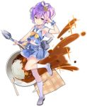  1girl aqua_eyes arm_up azur_lane blush curry curry_rice eyebrows_visible_through_hair food full_body grey_footwear javelin_(azur_lane) kaede_(003591163) kneehighs knife loafers looking_at_viewer official_art plate purple_hair rice shoes short_hair solo spoon transparent_background white_legwear 