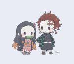  1boy 1girl ayu_(mog) bamboo bit_gag black_hair blue_background brother_and_sister brown_eyes brown_hair checkered chibi commentary_request earrings facial_scar full_body gag hair_ribbon haori holding_hands japanese_clothes jewelry kamado_nezuko kamado_tanjirou kimetsu_no_yaiba kimono long_hair looking_at_another multicolored_hair pink_kimono pink_ribbon ribbon scar siblings signature simple_background smile standing two-tone_hair violet_eyes 
