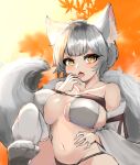  1girl absurdres animal_ear_fluff animal_ears bikini blush breasts detached_sleeves dominique_(dom1nique_ktn) finger_licking fox_ears fox_girl fox_tail highres large_breasts licking navel orange_background original short_eyebrows short_hair silver_hair slit_pupils solo swimsuit tail thick_eyebrows thigh-highs white_legwear wide_sleeves yellow_eyes 