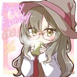  1girl bangs blush brown_eyes brown_hair brown_headwear character_request commentary_request covered_mouth cup dated eyebrows_visible_through_hair futaba_rio glasses hair_between_eyes happy_birthday hat holding holding_cup jako_(jakoo21) labcoat long_hair long_sleeves looking_at_viewer mug necktie open_clothes red_neckwear seishun_buta_yarou signature sleeves_past_wrists solo steam upper_body witch_hat 