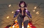  1girl android bare_shoulders black_hair breasts commentary dual_wielding explosion expressionless girls_frontline gun highres holding looking_at_viewer looking_down navel ripper_(girls_frontline) sangvis_ferri short_hair small_breasts solo tad_liou violet_eyes weapon 