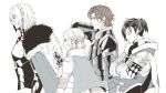  1girl 3boys armor cape closed_eyes crossed_arms dimitri_alexandre_blaiddyd felix_hugo_fraldarius fire_emblem fire_emblem:_three_houses from_side fur_trim greyscale ingrid_brandl_galatea krazehkai long_sleeves monochrome multiple_boys short_hair simple_background sylvain_jose_gautier upper_body white_background 