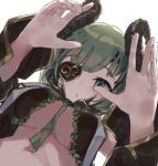  1girl bangs blue_eyes blurry_foreground blush breasts curled_horns demon_girl demon_horns detached_sleeves epi_zero eyepatch frills from_below green_hair green_neckwear honey_strap horns large_breasts long_sleeves looking_at_viewer looking_down navel no_bra parted_lips sekishiro_mico short_hair simple_background solo under_boob virtual_youtuber white_background 