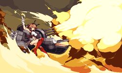  1girl black_hairband black_skirt brown_hair cannon clouds cloudy_sky commentary_request firing gloves hairband hand_up kantai_collection lowres machinery mutsu_(kantai_collection) pixel_art radio_antenna red_legwear remodel_(kantai_collection) shirt short_hair skirt sky smoke snapping_fingers solo star turret warabin_(suteki_denpun) white_gloves white_shirt 