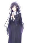  1girl black_hair blue_eyes blush fegod6666 habit hands_together hands_up highres long_hair long_sleeves nun original simple_background solo standing very_long_hair white_background 