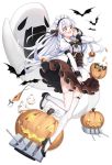  1girl azur_lane basket bat black_footwear blue_eyes bow bowtie braid breasts brown_skirt candy edinburgh_(azur_lane) edinburgh_(candy_maid)_(azur_lane) eyebrows_visible_through_hair food full_body garter_straps ghost glasses gold_bar hair_ornament halloween hand_on_own_cheek hand_up headdress highres jack-o&#039;-lantern jack-o&#039;-lantern_hair_ornament jacknavy juliet_sleeves leg_up lollipop long_hair long_sleeves looking_away manjuu_(azur_lane) medium_breasts official_art open_mouth panties panties_removed puffy_sleeves pumpkin round_eyewear semi-rimless_eyewear shirt shoes skindentation skirt solo strappy_heels striped striped_neckwear thigh-highs transparent_background turret twin_braids under-rim_eyewear underbust underwear white_hair white_legwear white_shirt zettai_ryouiki 