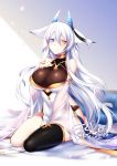  1girl animal_ears bare_shoulders barefoot black_legwear blue_eyes blush breasts detached_sleeves hair_between_eyes heterochromia horns konshin long_hair looking_at_viewer orie_hakua original revision seiza single_thighhigh sitting smile solo tail thigh-highs toeless_legwear very_long_hair white_hair yellow_eyes 