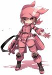  1girl animal_ears animal_hat bangs black_footwear blush boots brown_hair bullpup bunny_hat closed_mouth colored_shadow commentary_request fake_animal_ears full_body fur-trimmed_gloves fur_trim gloves gun hair_between_eyes hat highres holding holding_gun holding_weapon jacket karukan_(monjya) llenn_(sao) long_sleeves looking_at_viewer p-chan_(p-90) p90 pants pink_bandana pink_gloves pink_headwear pink_jacket pink_pants rabbit_ears red_eyes shadow solo standing submachine_gun sword_art_online sword_art_online_alternative:_gun_gale_online weapon white_background 