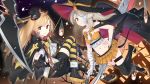  2girls ayanami_(azur_lane) ayanami_(lunar_demon_god)_(azur_lane) azur_lane bandage_on_face brown_eyes cape chain cleveland_(azur_lane) cleveland_(devil_fever)_(azur_lane) demon_tail dy_kai halloween hat highres holding holding_sword holding_weapon light_brown_hair long_hair looking_at_viewer midriff mismatched_legwear multiple_girls navel pleated_skirt pointy_ears ponytail red_eyes scythe shorts silver_hair skirt smile striped striped_legwear sword tail thigh-highs weapon witch_hat zettai_ryouiki 