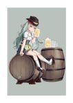  1girl alcohol bandana barmaid barrel beer beer_mug blue_hair casket commentary_request fedora food fuyukin_chiba g11_(girls_frontline) german_clothes girls_frontline hat highres long_hair shoes_removed sitting socks toast 