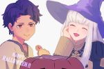  1boy 1girl adz_lrp brown_hair closed_eyes closed_mouth cookie cyril_(fire_emblem) dark_skin dark_skinned_male eating fire_emblem fire_emblem:_three_houses food garreg_mach_monastery_uniform halloween_basket happy_halloween hat holding holding_food long_sleeves lysithea_von_ordelia open_mouth short_hair simple_background uniform upper_body white_background white_hair witch_hat 