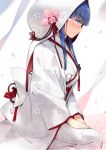  1girl azur_lane bangs blue_eyes blue_hair blush closed_mouth eyebrows_visible_through_hair from_side glowing glowing_eye hands_on_lap highres hood hood_up ibuki_(azur_lane) japanese_clothes kimono long_hair long_sleeves looking_at_viewer looking_to_the_side maya_g nose_blush petals profile seiza sitting solo tassel uchikake white_kimono 