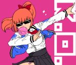  + bandaid black_skirt bow bubble_blowing chewing_gum dab_(dance) deal_with_it hair_bow jacket k.o. kunio-kun_series kyoko_(kunio-kun) letterman_jacket orange_hair pink_background ponytail red_neckwear river_city_girls skirt tryvor 