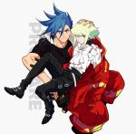 2boys baggy_pants black_gloves black_jacket blue_hair cravat galo_thymos gloves green_hair half_gloves hand_on_another&#039;s_head highres jacket jacket_on_shoulders jionghai lio_fotia looking_at_viewer male_focus multiple_boys pants promare short_hair sitting sitting_on_lap sitting_on_person smile spiky_hair violet_eyes 