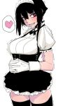  1girl black_hair blush breasts drooling fangs gloves hair_between_eyes hands_together heart highres large_breasts luceva maid maid_headdress medium_breasts original parted_lips simple_background smile solo speech_bubble thigh-highs trembling veins violet_eyes white_background white_gloves zettai_ryouiki 