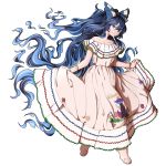  1girl bare_shoulders barefoot blue_bow blue_eyes blue_hair bow bracelet collarbone commentary dress hair_bow highres jewelry long_hair mefomefo nicaragua off-shoulder_dress off_shoulder simple_background skirt_hold solo touhou white_background white_dress yorigami_shion 