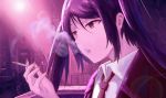  1girl artist_request blowing_smoke chinese_commentary cigarette city cityscape commentary_request cyberpunk highres huge_filesize jill_stingray necktie purple_hair red_eyes smoke smoking solo twintails va-11_hall-a 