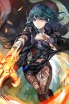  1girl armor black_shorts blue_eyes blue_hair byleth_(fire_emblem) byleth_eisner_(female) cape closed_mouth dagger fire_emblem fire_emblem:_three_houses highres holding holding_sword holding_weapon kokouno_oyazi medium_hair pantyhose sheath sheathed short_shorts shorts solo sword weapon 