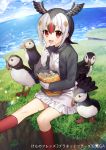  1girl :d animal atlantic_puffin_(kemono_friends) bird black_hair black_jacket black_wings blue_sky brown_hair clouds cloudy_sky commentary_request day feathered_wings food food_on_face frilled_skirt frills gambe gloves head_wings highres holding holding_food horizon jacket japari_chips kemono_friends kneehighs long_sleeves multicolored_hair namesake ocean open_clothes open_jacket open_mouth outdoors red_eyes red_legwear redhead shirt skirt sky smile solo sweater_vest translated water watermark white_gloves white_hair white_shirt white_skirt wings 