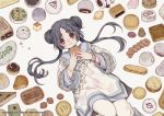  1girl :i baozi bead_bracelet beads black_hair bracelet cake chinese_clothes double_bun dumpling eating floral_print food food_request holding holding_food jewelry knee_up long_hair long_sleeves looking_at_viewer lying mia0309 on_back onii-chan_wa_zonbida original pants red_eyes short_eyebrows sidelocks slice_of_cake twintails 