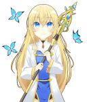  1girl absurdres blonde_hair blue_eyes blush breasts bug butterfly commentary_request eyebrows_visible_through_hair gkdnd goblin_slayer! hair_between_eyes highres holding holding_staff insect long_hair long_sleeves medium_breasts priestess_(goblin_slayer!) simple_background smile staff white_background 