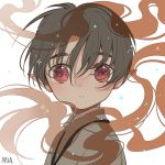  1boy bangs black_hair blush brown_hair looking_at_viewer majo_shuukai_de_aimashou mia0309 original parted_lips pointy_ears portrait red_eyes solo surprised white_background 