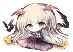  1girl :&lt; animal bangs bat bat_wings blonde_hair blush closed_mouth collared_shirt commentary_request cottontailtokki eyebrows_visible_through_hair flower full_body granblue_fantasy hair_between_eyes head_wings jack-o&#039;-lantern long_hair long_sleeves looking_at_viewer pleated_skirt pointy_ears purple_skirt red_eyes red_flower red_rose red_wings rose shingeki_no_bahamut shirt simple_background skirt solo vampy very_long_hair white_background white_shirt wings 
