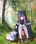  1girl ass black_cape black_capelet black_gloves black_leotard boots cape capelet collar fate/grand_order fate_(series) forest fou_(fate/grand_order) gloves hood leotard long_hair medusa_(lancer)_(fate) nature outdoors petting picolette_xiii purple_hair sitting smile thigh-highs thigh_strap tree_stump violet_eyes white_legwear 
