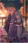 2girls absurdres age_difference alternate_costume arm_hug b_b_b_b66 backlighting bangs bench black_kimono blush breasts brown_hair closed_eyes closed_mouth clouds commentary evening eyebrows_visible_through_hair facial_scar fan flower frills full_body g11_(girls_frontline) geta girls_frontline green_kimono hand_on_lap height_difference highres holding holding_fan japanese_clothes kimono lens_flare long_hair long_sleeves looking_at_viewer multiple_girls obi off_shoulder open_clothes paper_fan pink_flower ponytail railing redhead sash scar scar_across_eye sidelocks silver_hair sitting sky small_breasts smile sunlight sunset tabi twintails uchiwa ump9_(girls_frontline) very_long_hair white_legwear yukata 