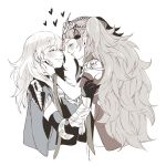 2girls armor byleth_(fire_emblem) byleth_eisner_(female) cape closed_eyes closed_mouth fire_emblem fire_emblem:_three_houses from_side greyscale hair_ornament heart krazehkai long_hair medium_hair monochrome multiple_girls pointy_ears simple_background smile sothis_(fire_emblem) tiara upper_body white_background yuri 